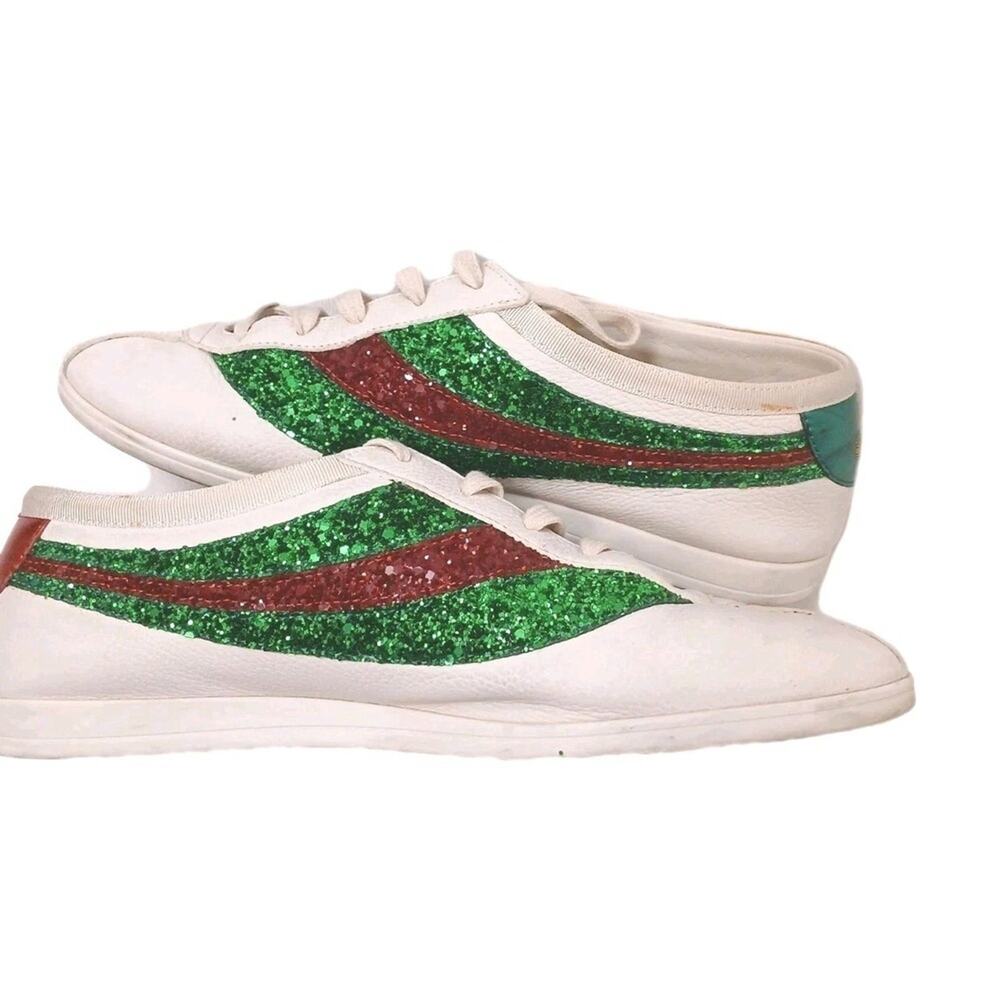 RARE Gucci Falacer Glitter Sneakers Men Sz 7 White Leather Green Red SPARKLE